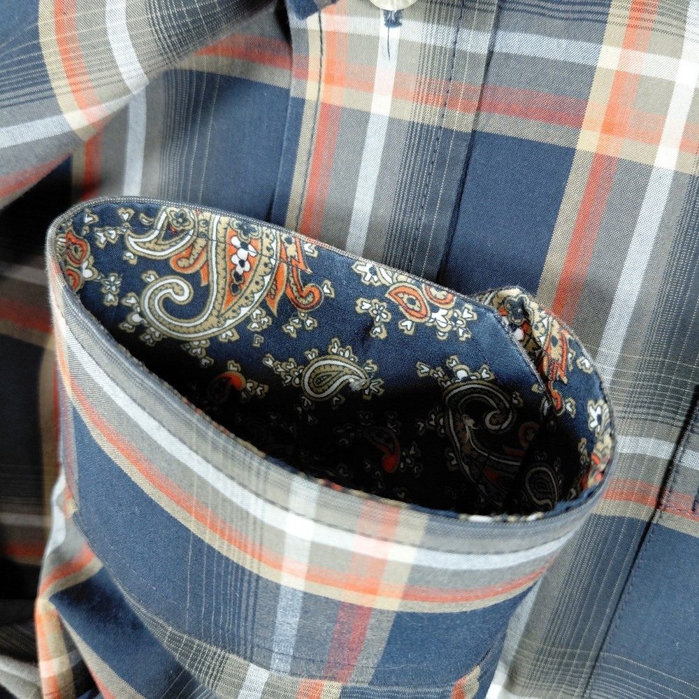 Cinch Mens Large Long Sleeve Button Down Shirt Blue Orange Plaid Paisley Trim - Picture 6 of 13